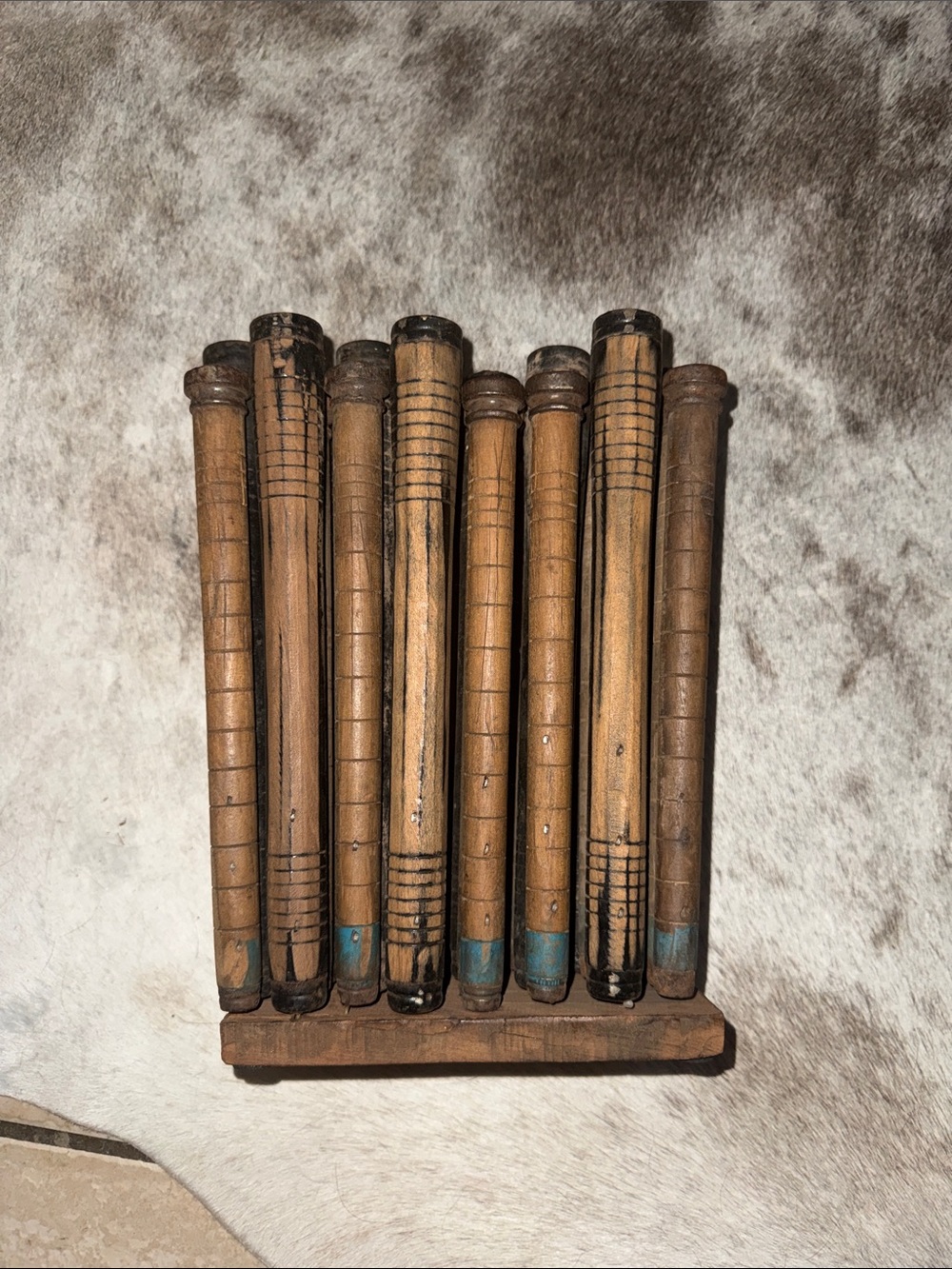 Vintage Handcrafted Brown Wooden Spool Decor with Blue Accents